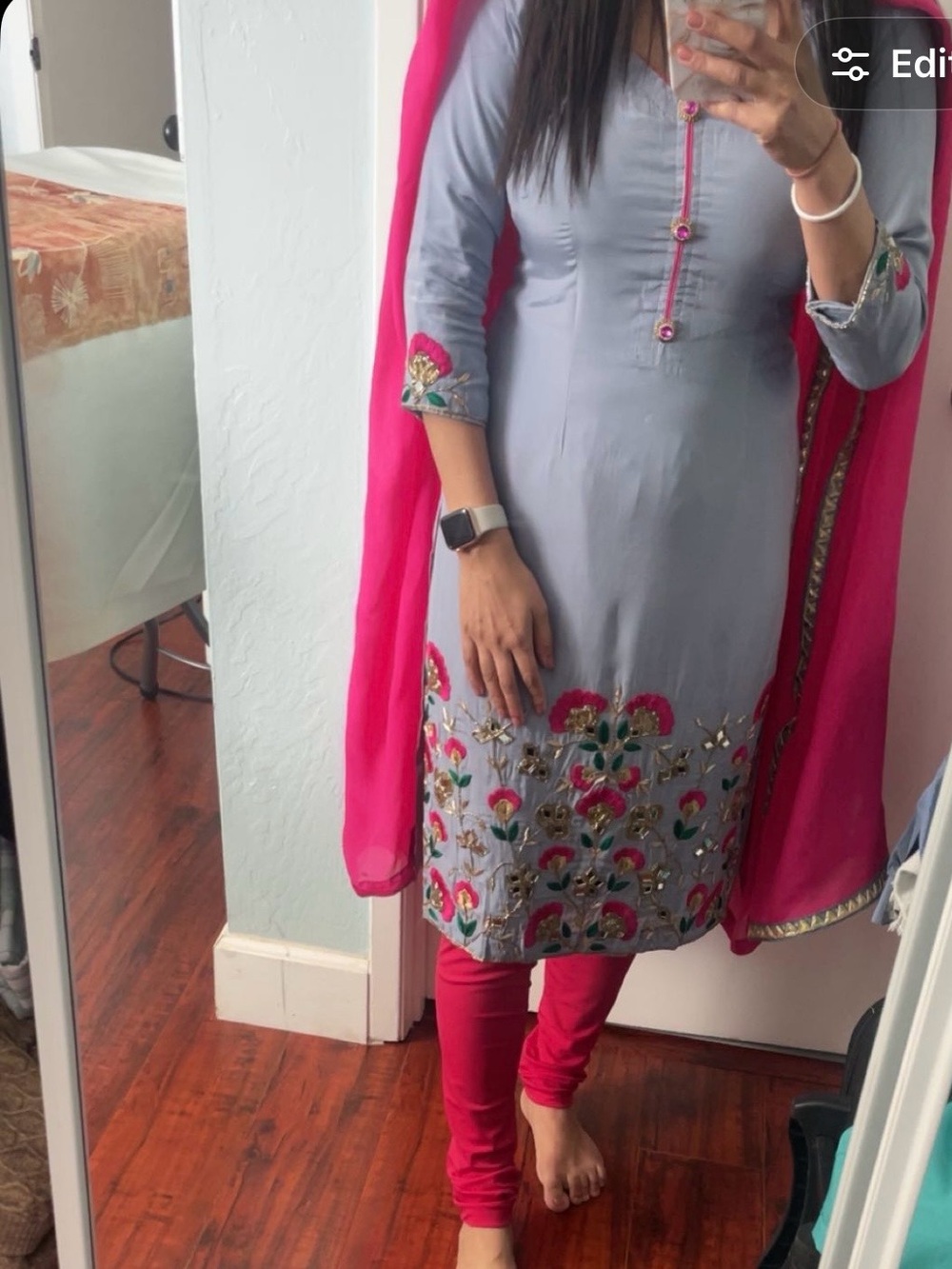 Light Gray Embroidered Kurti with Bright Pink Pants and Dupatta Indian suit